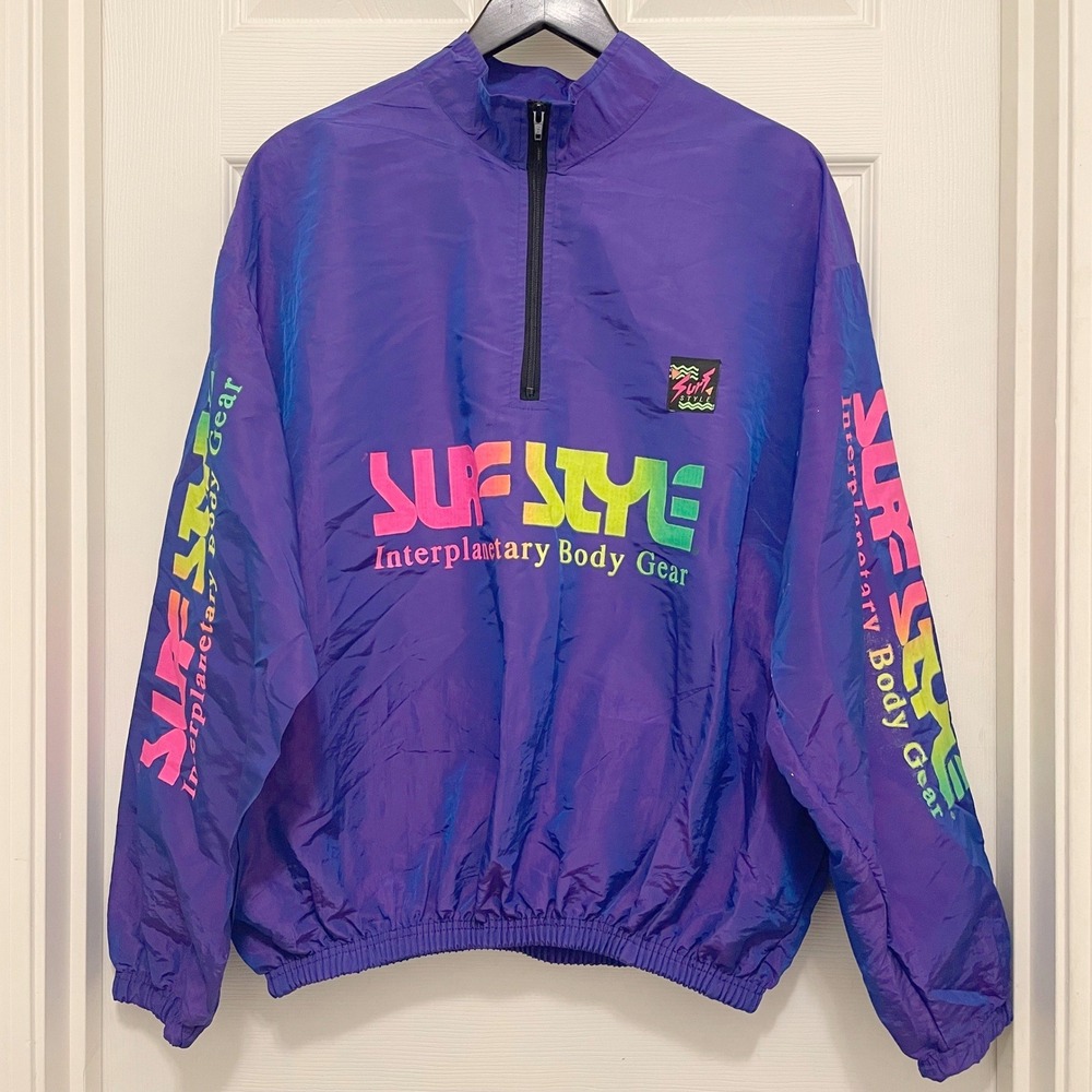 Vintage Surf Style Pullover Windbreaker Jacket Purple‎ Neon Iridescent 90s Retro